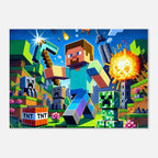 Vibrant Minecraft wall canvas featuring iconic blocky characters and elements in a colorful adventure scene.
