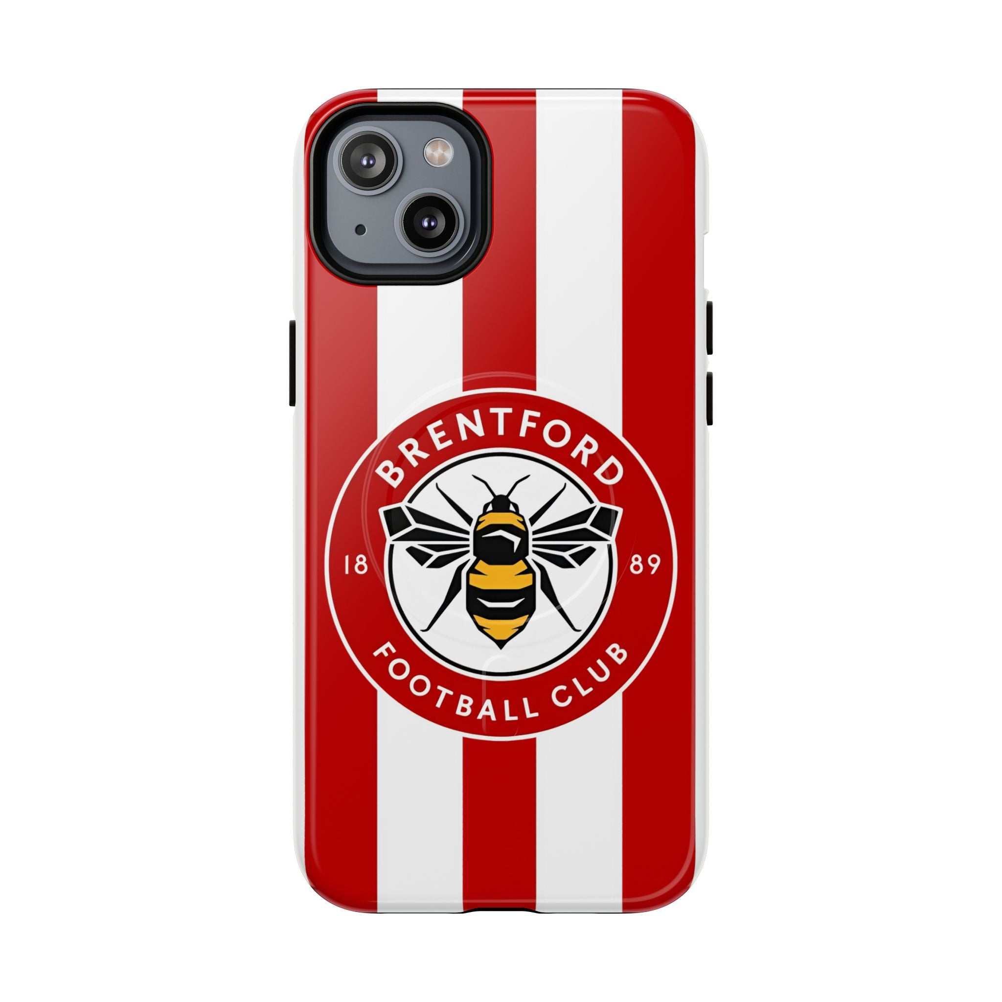 Brentford FC MagSafe iPhone case with red and white stripes and bee club crest, dual-layer protection, MagSafe compatible