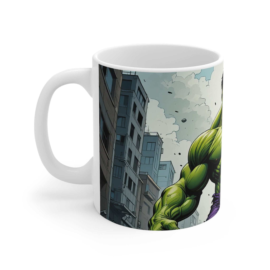 White ceramic coffee mug with vibrant Hulk-inspired superhero design showing muscular green arm and city background