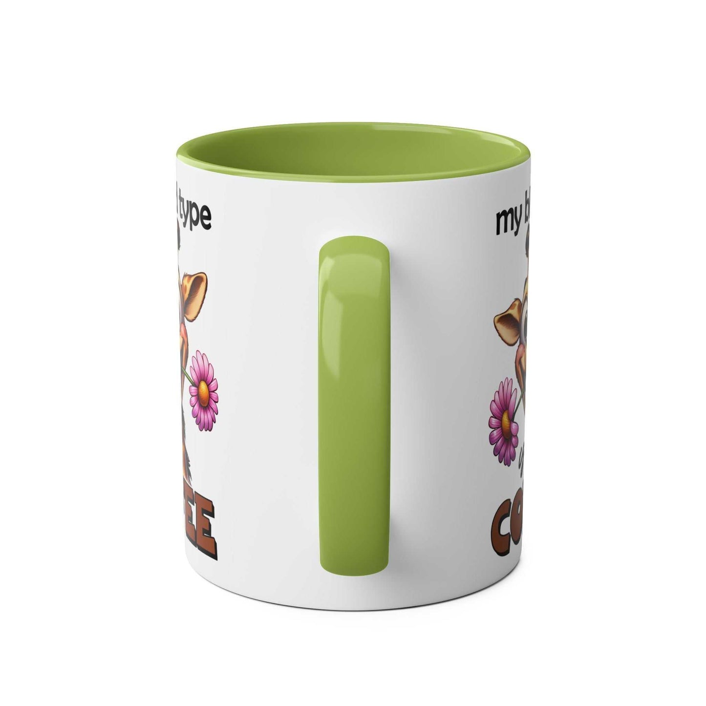 Giraffe design coffee mug with green interior and handle, featuring "My Blood Type Coffee" text.