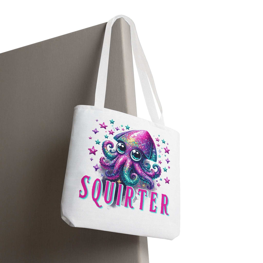 Cheeky Squirter Squid Tote Bag in various sizes with colorful handles and durable polyester fabric