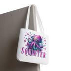 Cheeky Squirter Squid Tote Bag in various sizes with colorful handles and durable polyester fabric