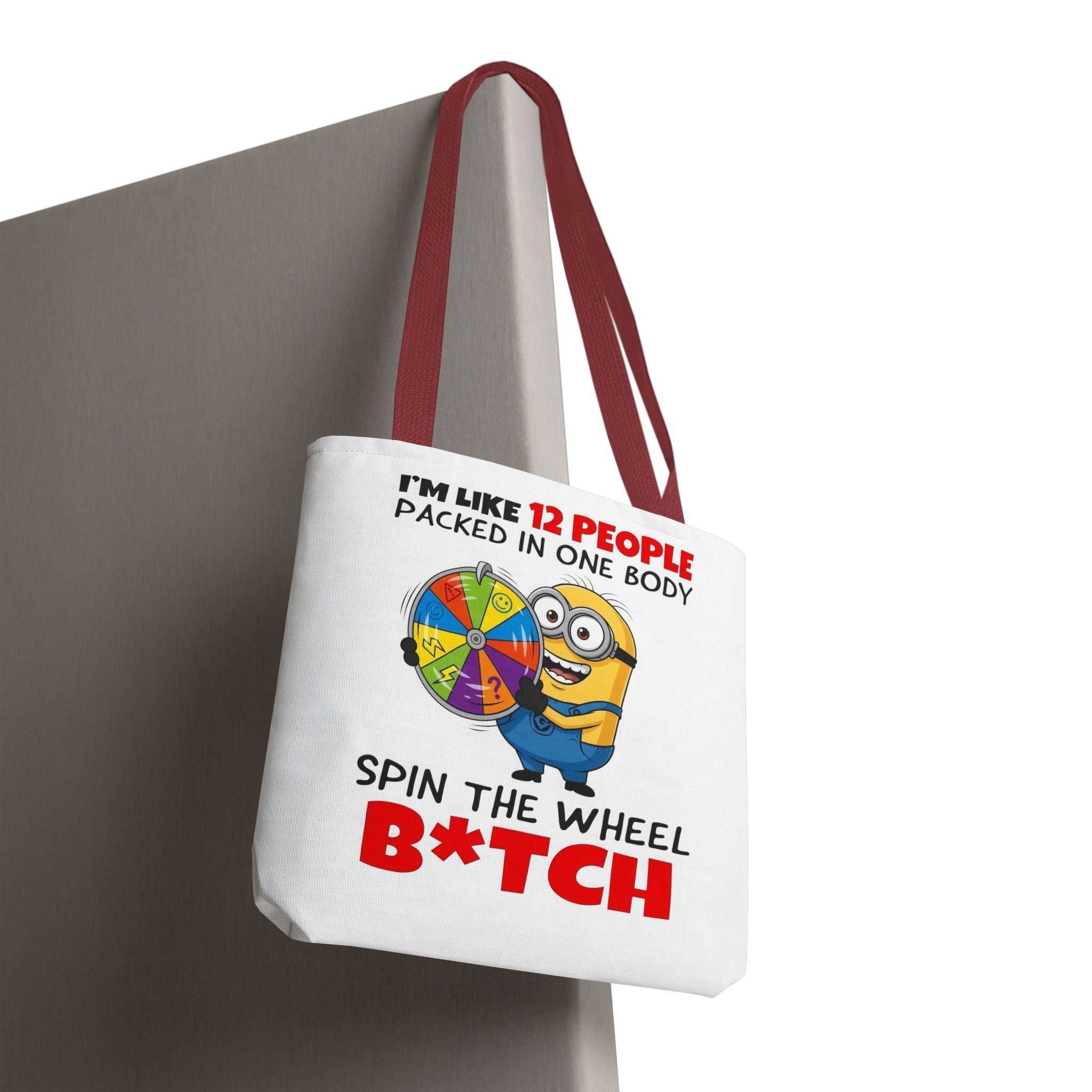 Funny Minion tote bag with cheeky design, durable polyester and multiple handle color options