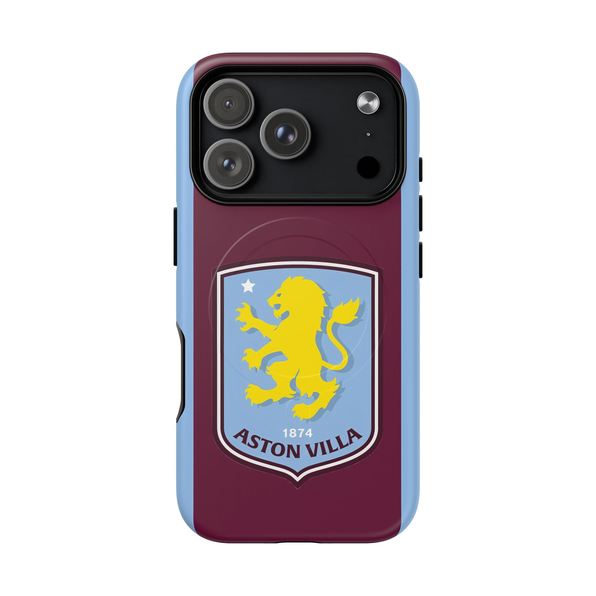 Aston Villa MagSafe iPhone case with claret and blue colors and club crest, durable dual-layer protection and wireless charging compatible