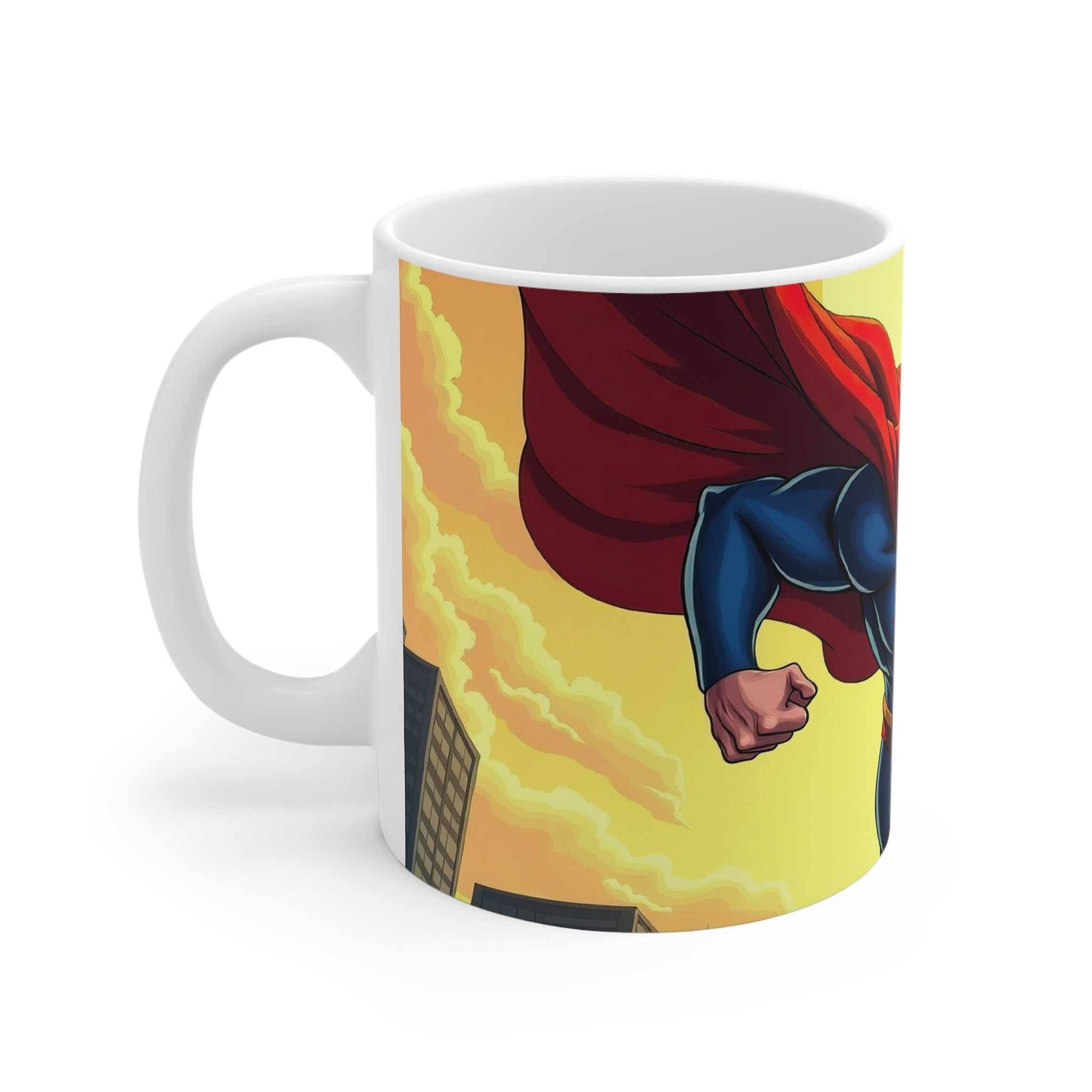 White ceramic superhero mug featuring a vibrant Superman design with red cape and city background, 11oz, microwave and dishwasher safe