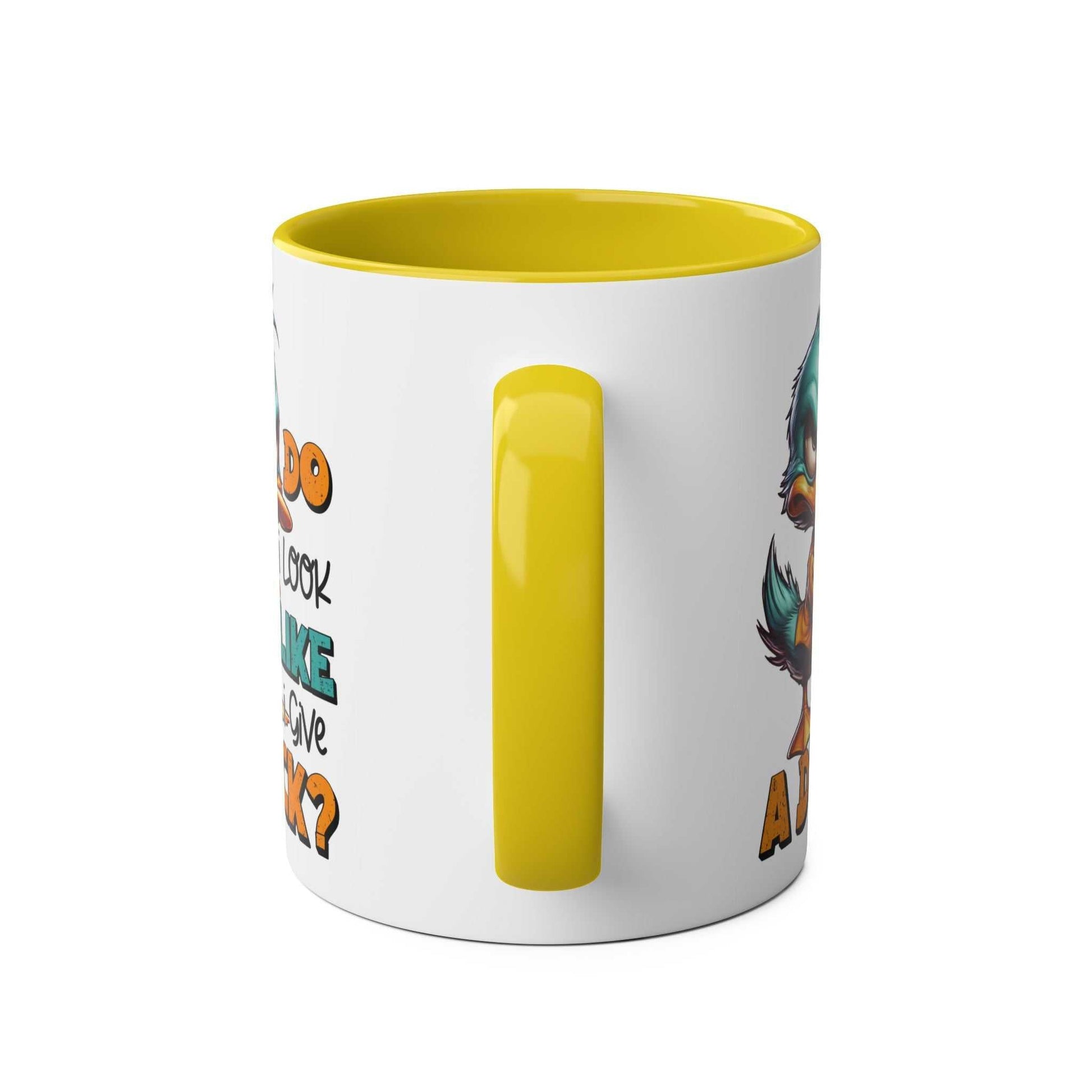 Quirky duck design coffee mug with yellow handle, 11oz ceramic, available in 7 colors.