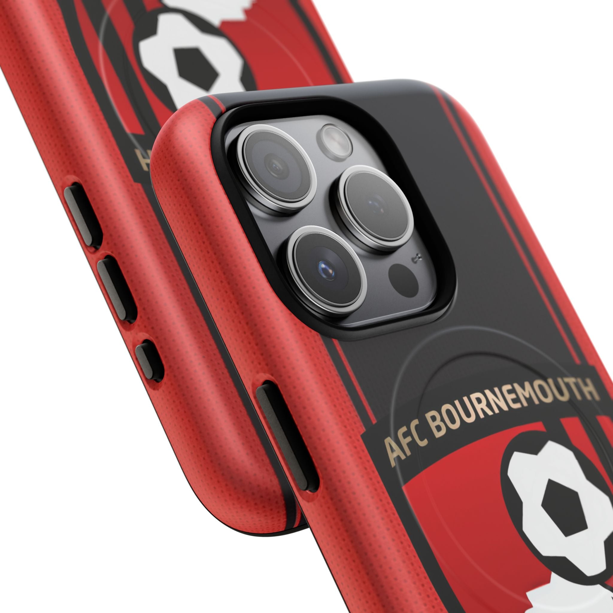 AFC Bournemouth MagSafe iPhone case with red and black colors, dual-layer protection, and wireless charging compatibility