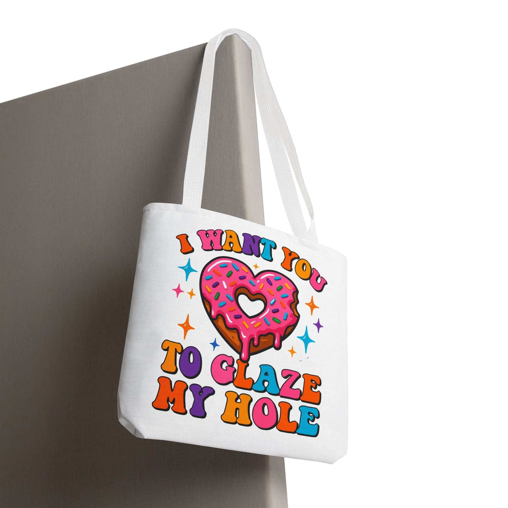 Glaze My Hole Donut Tote Bag with cheeky donut design and durable straps