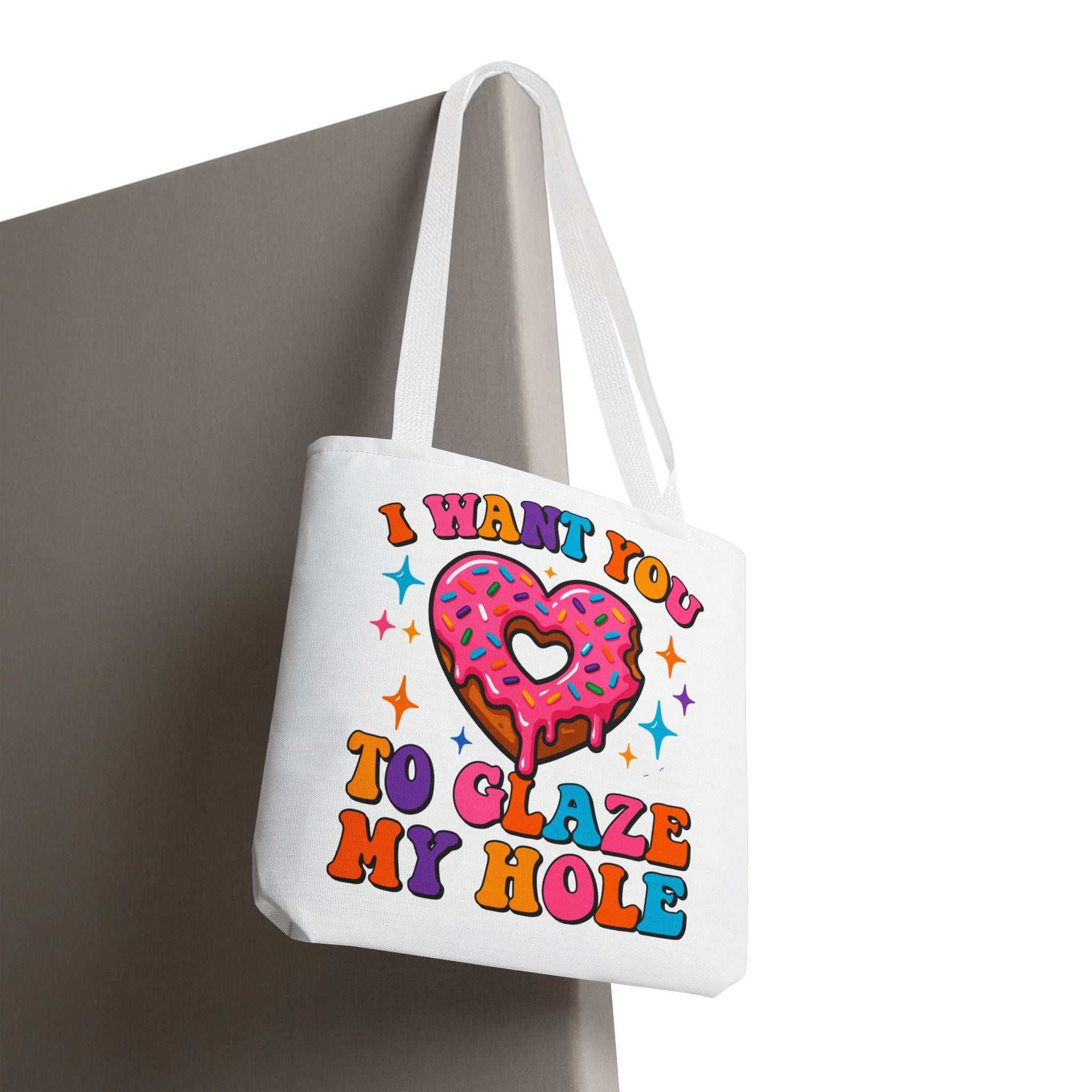 Glaze My Hole Donut Tote Bag with cheeky donut design and durable straps