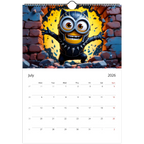 2026 Minions Superhero wall calendar July page featuring a Minion in a black superhero costume bursting through a brick wall with vibrant colors and spiral binding.
