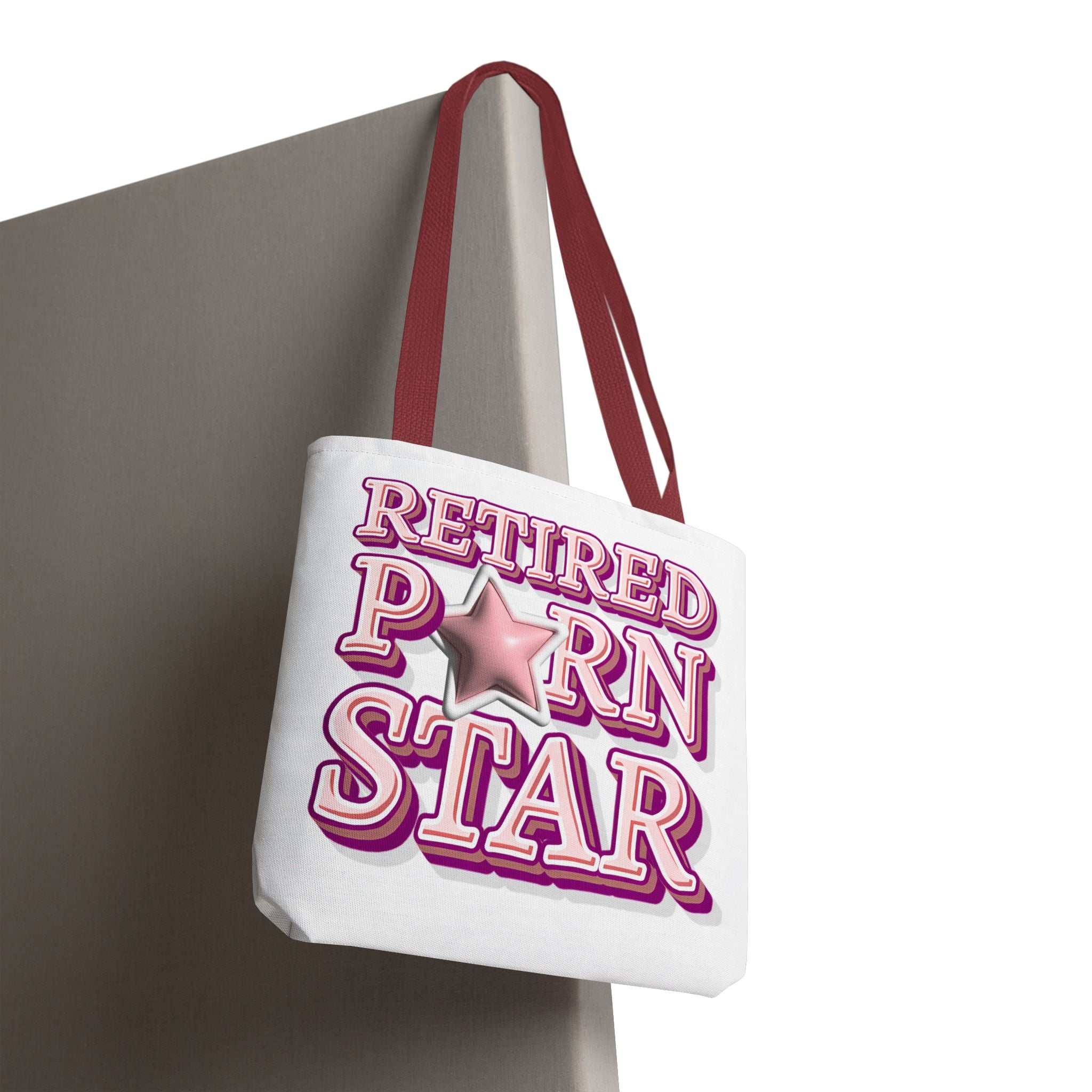 Retired Porn Star Tote Bag with cheeky design, durable polyester, multiple sizes and handle colors