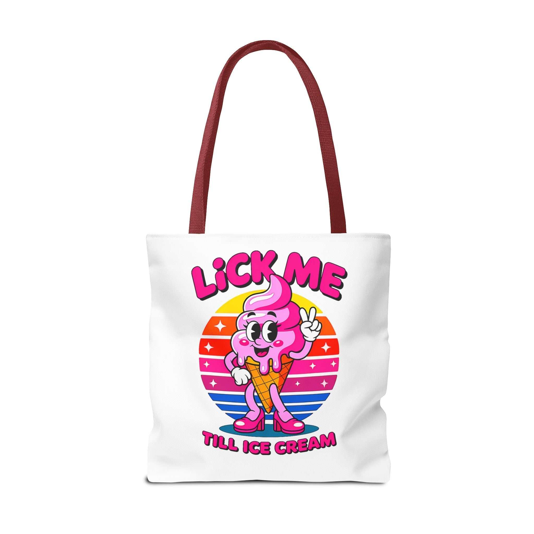Cheeky Lick Me Till Ice Cream Tote Bag with colorful handles, durable polyester, and playful design.