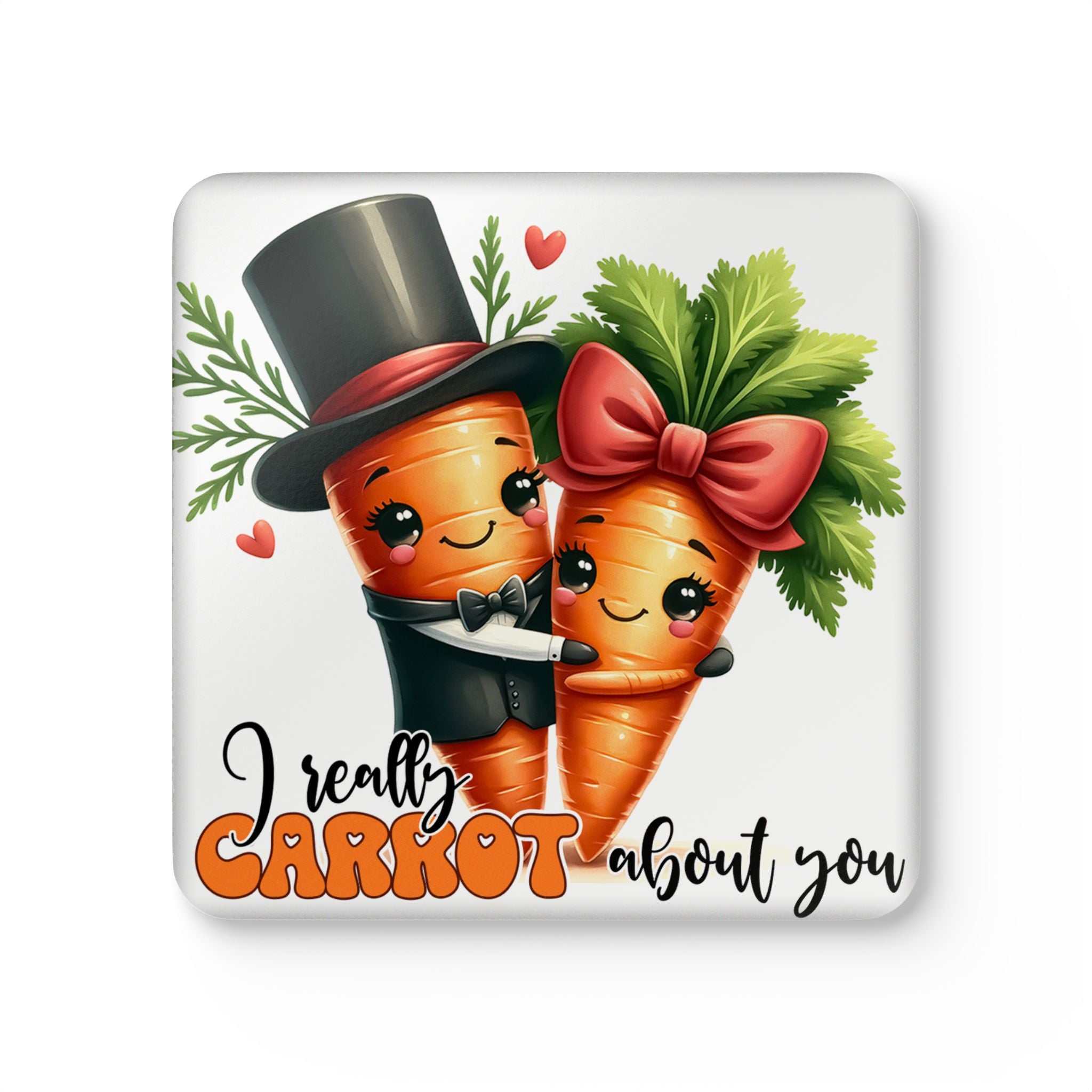 Carrot About You Coaster Set with cute carrot design and text, playful table accessory.