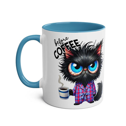 Fun sarcastic coffee mug with a black cat design, blue interior, and handle.