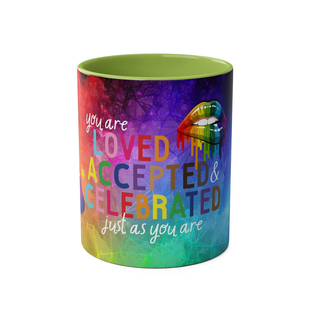 LGBTQ+ Pride Mug with vibrant rainbow design and inspirational message, 11oz ceramic, glossy finish.