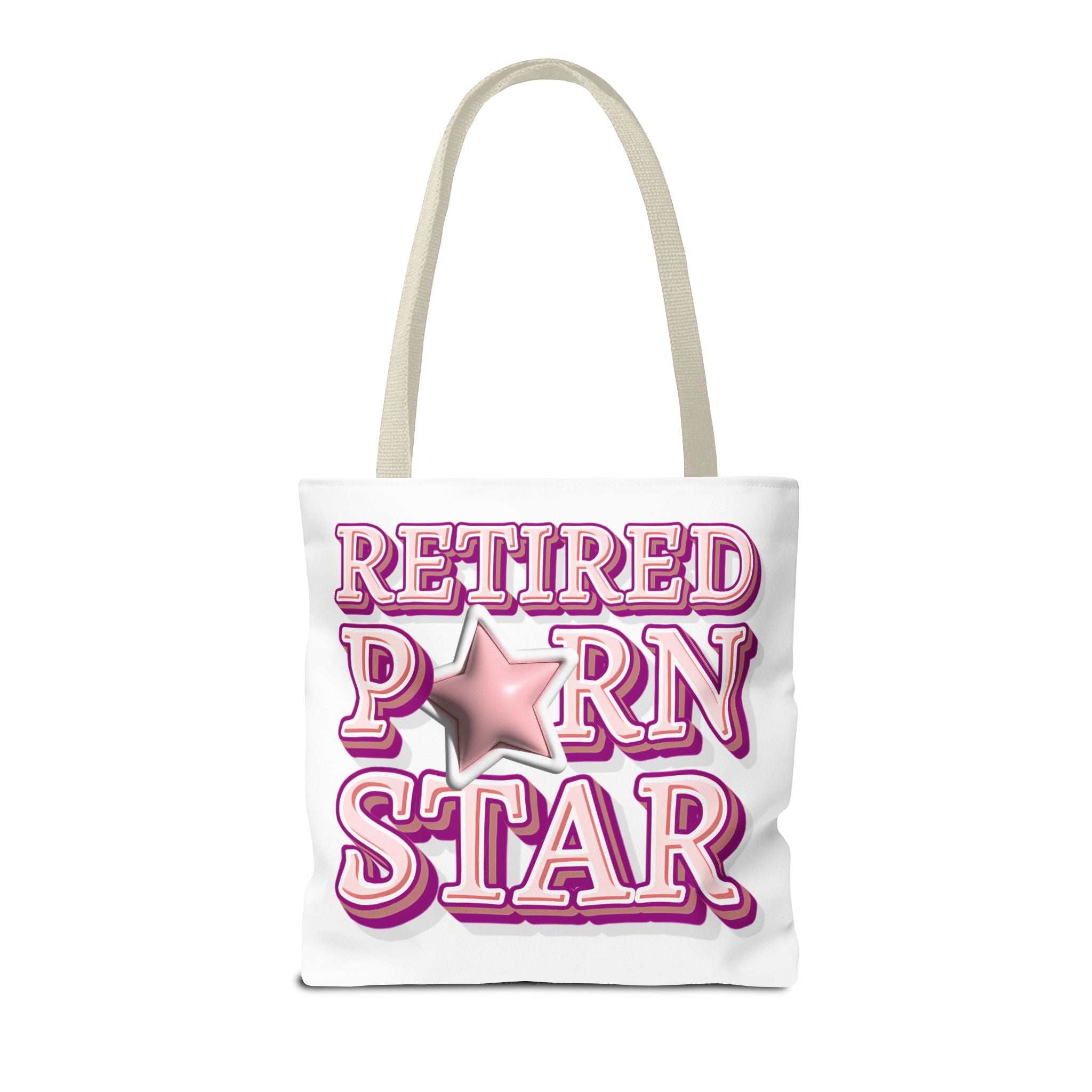 Retired Porn Star Tote Bag with cheeky design, durable spun polyester, multiple sizes and handle color options