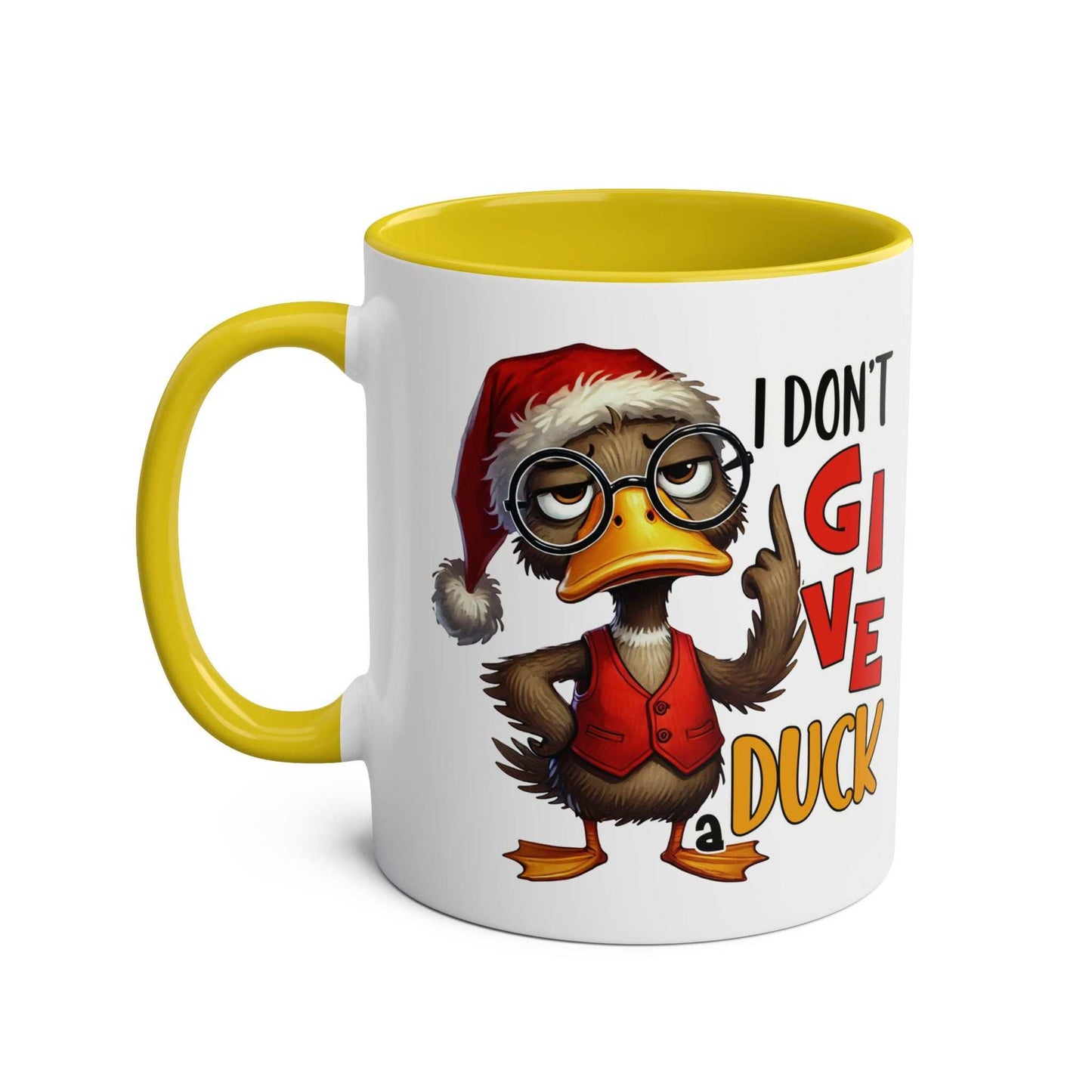 Sarky Christmas Mug with duck design, available in seven colors, 11oz ceramic, microwave and dishwasher safe.