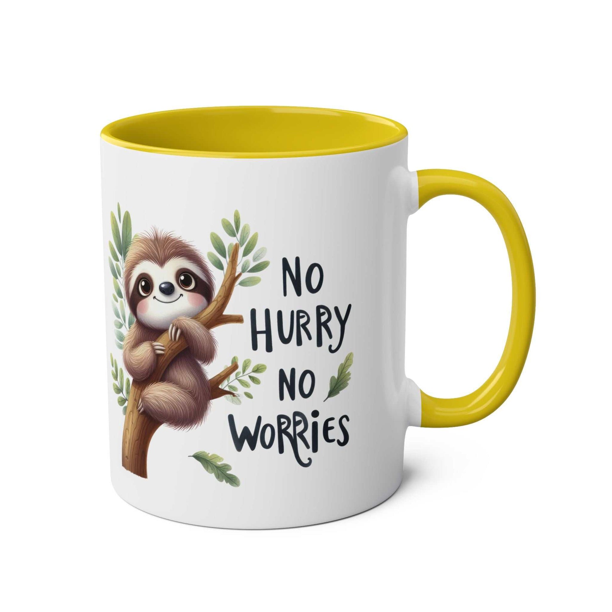 Cute sloth coffee mug with "No Hurry No Worries" slogan, featuring a sloth on a tree branch; available in seven colors.