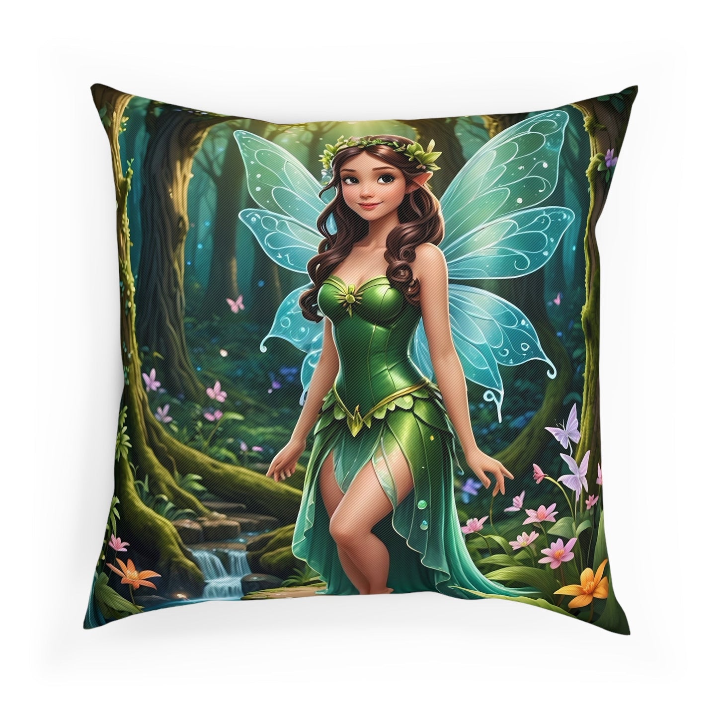 Beautiful Fairy Cotton Drill Square Cushion with enchanting fairy design and double-sided print.