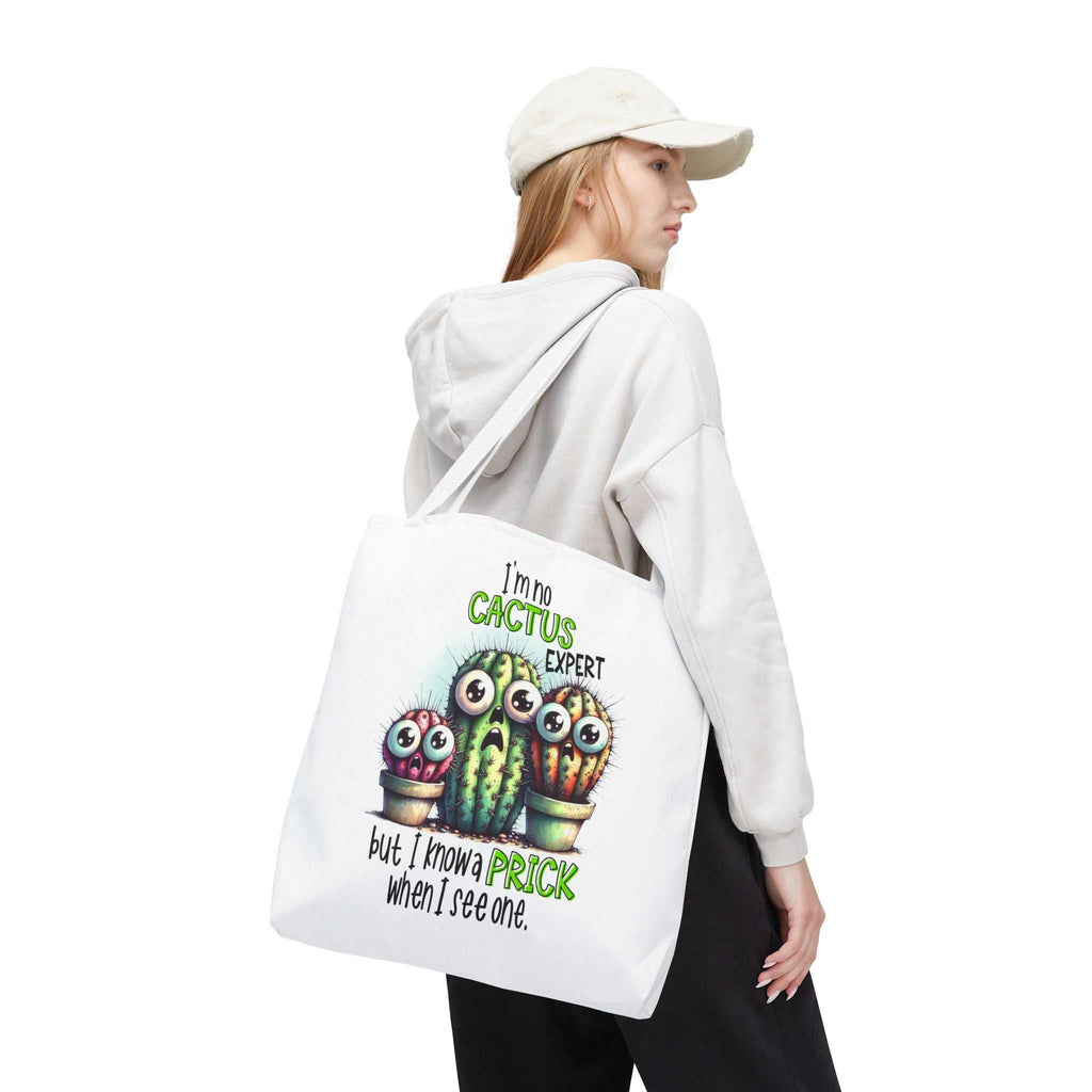 Fun cactus tote bag with cheeky printed design and colorful handles