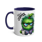 Fun Sarcastic Coffee Mug with humorous green character design and text 'before COFFEE'.