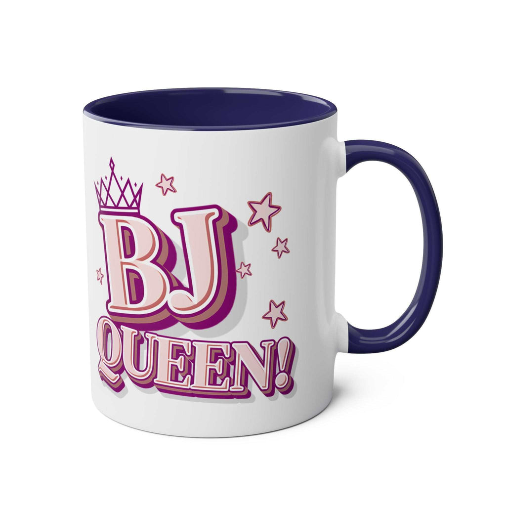 Colorful BJ Queen Coffee Mug with bold, playful design and glossy finish, perfect gift for confident personalities
