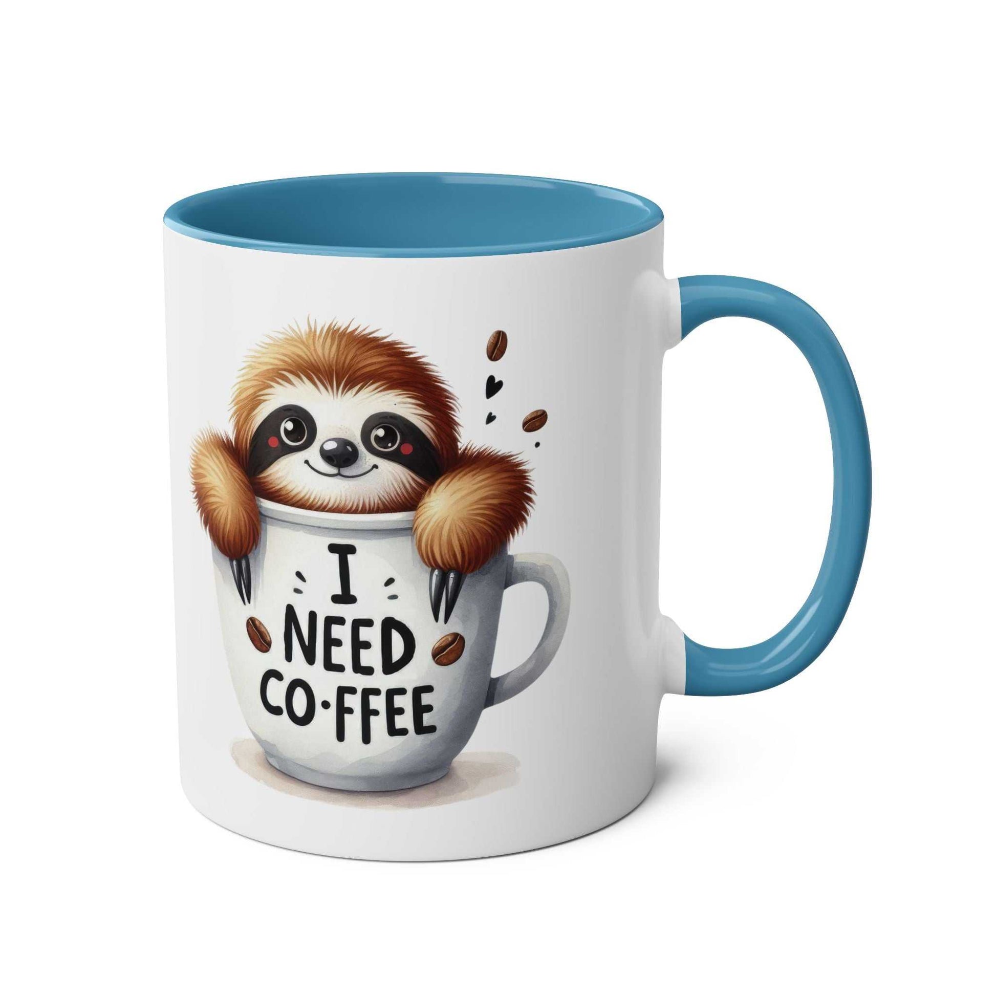 Cute sloth coffee mug with whimsical design and blue handle.