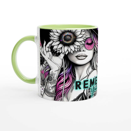 Ceramic mug with "Remember Your Why" design, vibrant rim, and handle, 11oz.