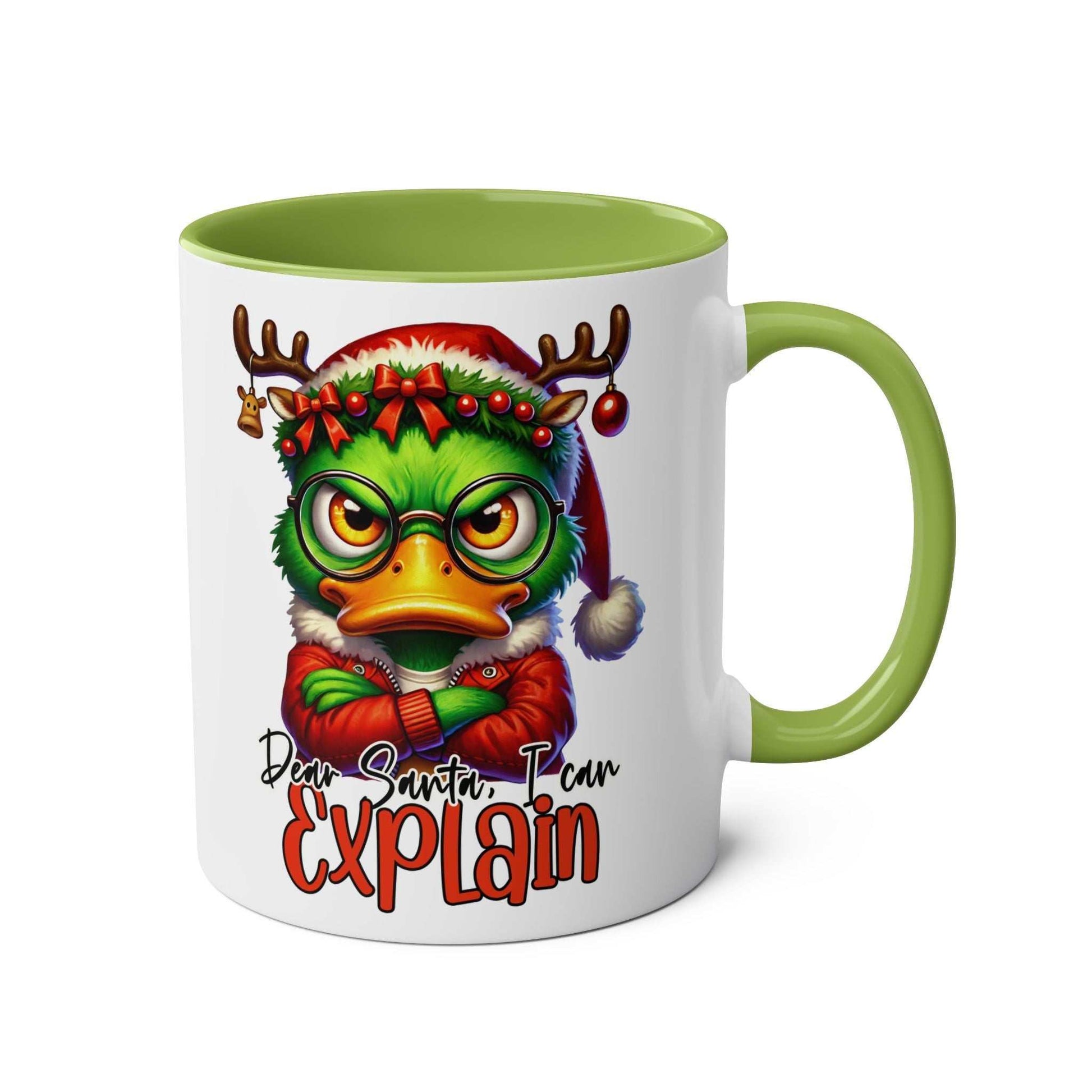 Sarky Christmas Mug with duck design, 11oz ceramic, available in 7 colors, microwave and dishwasher safe.