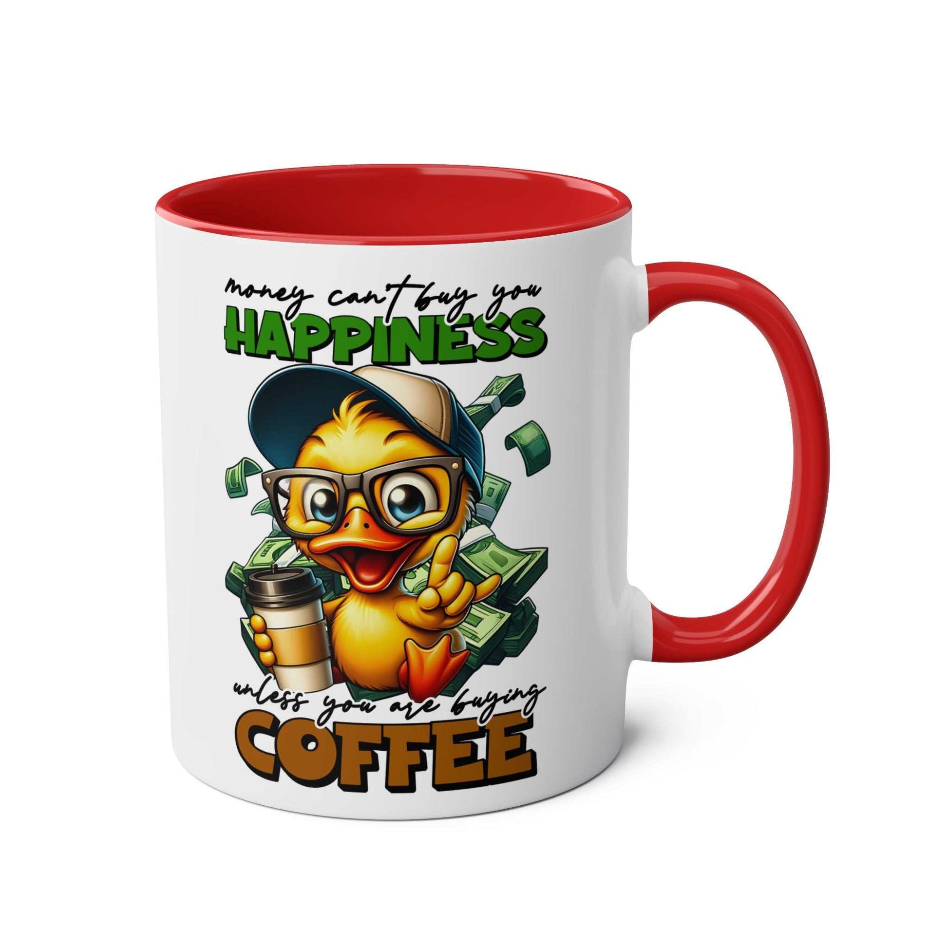 Happiness Coffee Mug with cheerful duck illustration, red handle, and text.