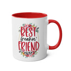 Best Freaking Friend Coffee Mug with floral design, red interior, and handle.