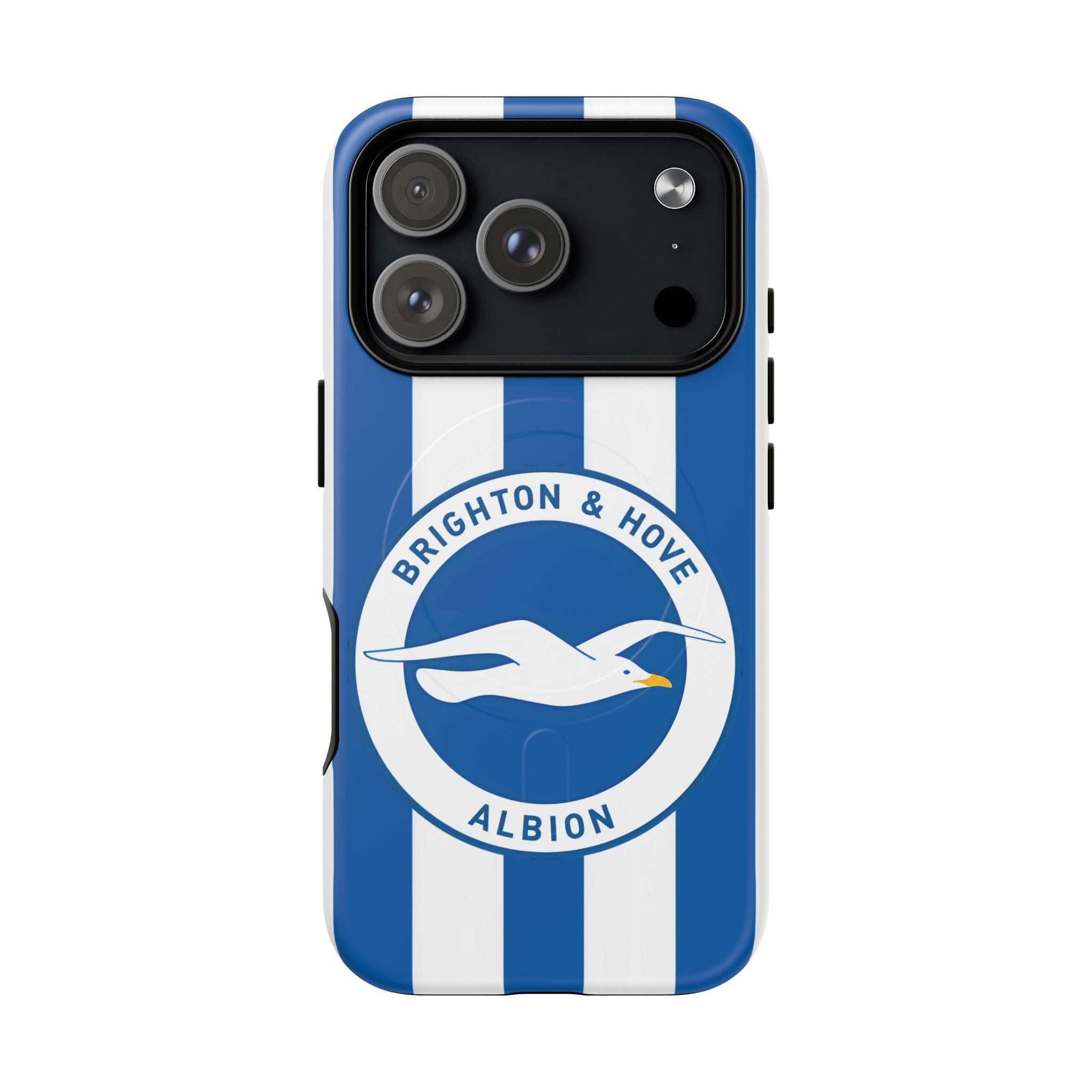 Brighton FC MagSafe iPhone case with blue and white stripes and seagull crest, MagSafe compatible, durable dual layer protection.