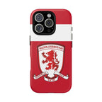 Middlesbrough MagSafe iPhone case with red club colors and shield logo, dual-layer protection, and wireless charging compatible