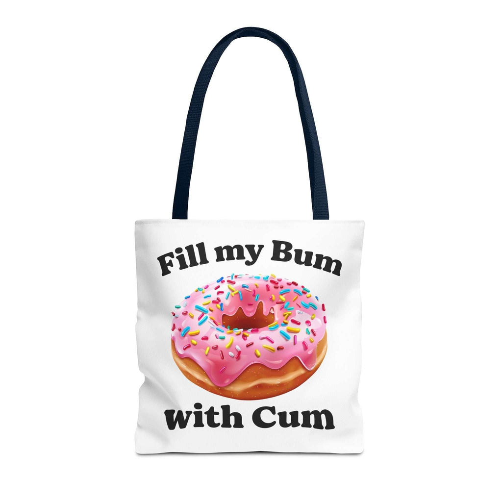 Cheeky provocative donut tote bag in multiple sizes with colorful handles, durable spun polyester fabric, and playful design for everyday use