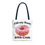 Cheeky provocative donut tote bag in multiple sizes with colorful handles, durable spun polyester fabric, and playful design for everyday use
