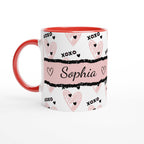 Personalised cute Valentines Day mug with heartwarming design, red rim and handle, featuring the name "Sophia".