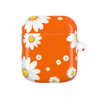 Orange Daises AirPods protective hard shell case with vibrant orange background and white daisy flowers design