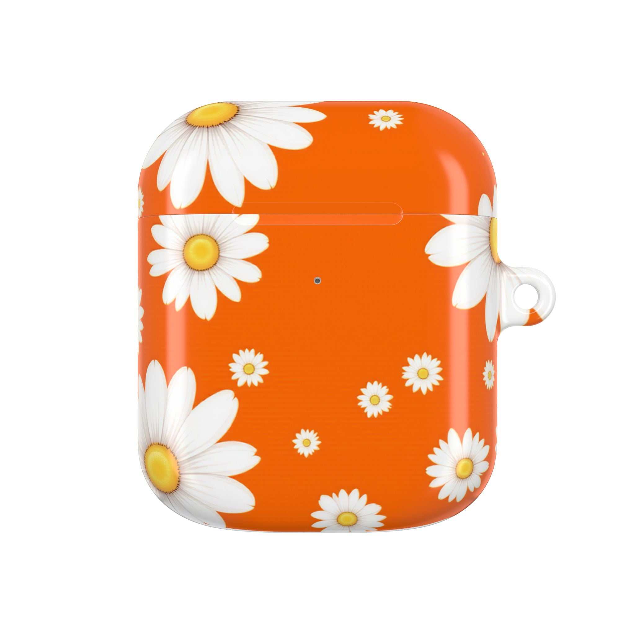 Orange Daises AirPods protective hard shell case with vibrant orange background and white daisy flowers design