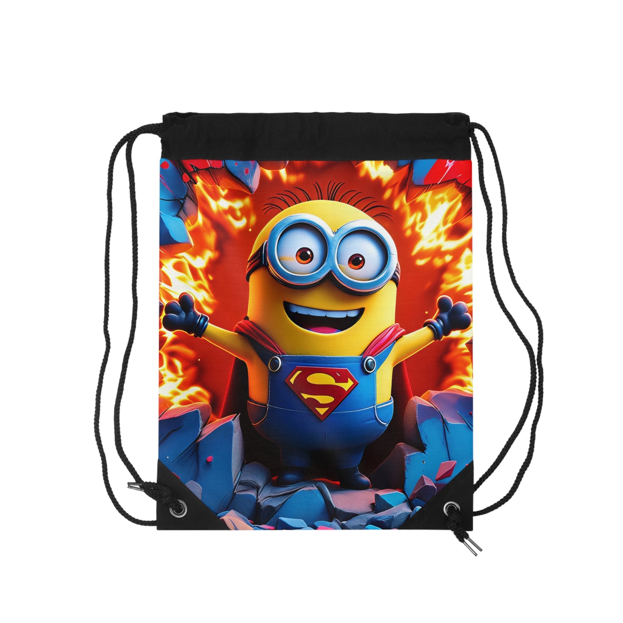 Minion Superman drawstring bag with vibrant superhero design on durable black polyester background