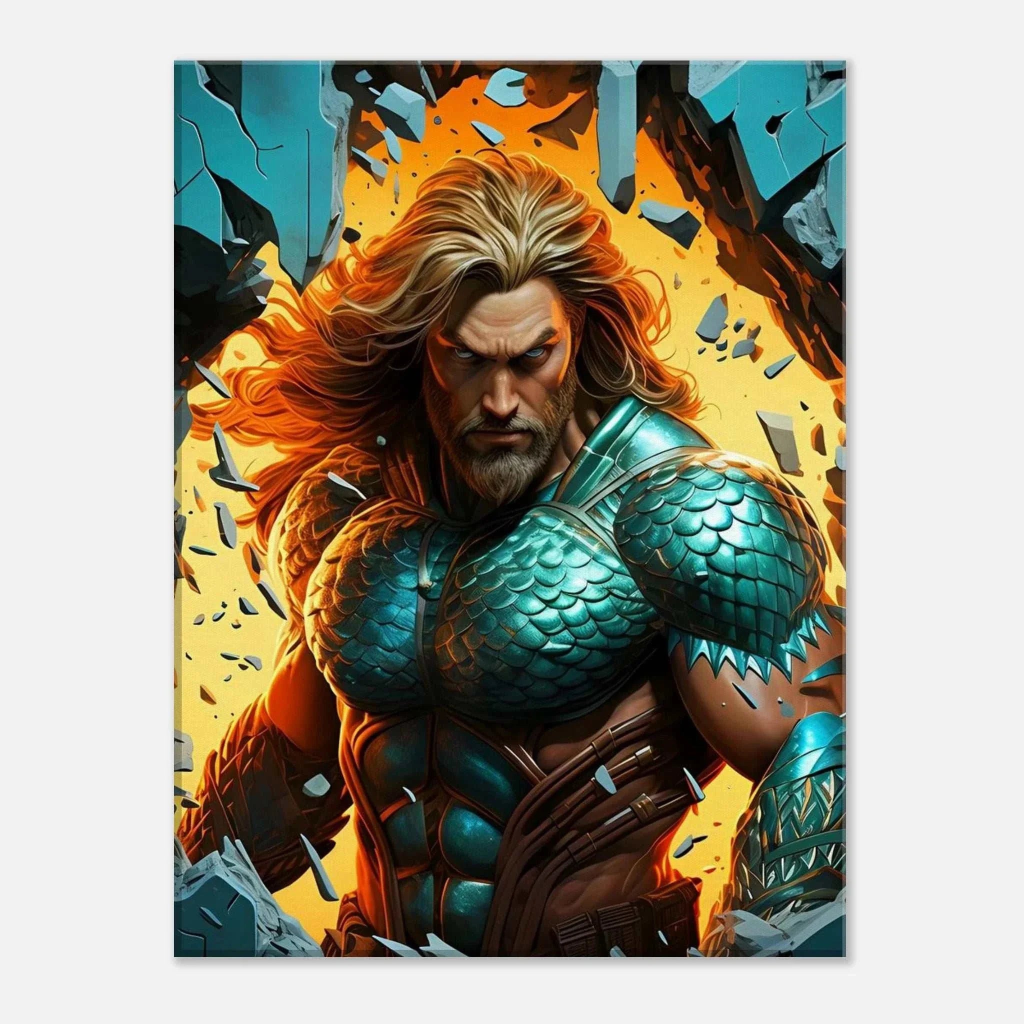 Aquaman wall canvas featuring vibrant artwork of the ocean hero, with bold colors and dynamic energy.