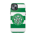 Celtic MagSafe iPhone Case with green and white stripes and Celtic Football Club crest, dual-layer protective design, and MagSafe compatibility