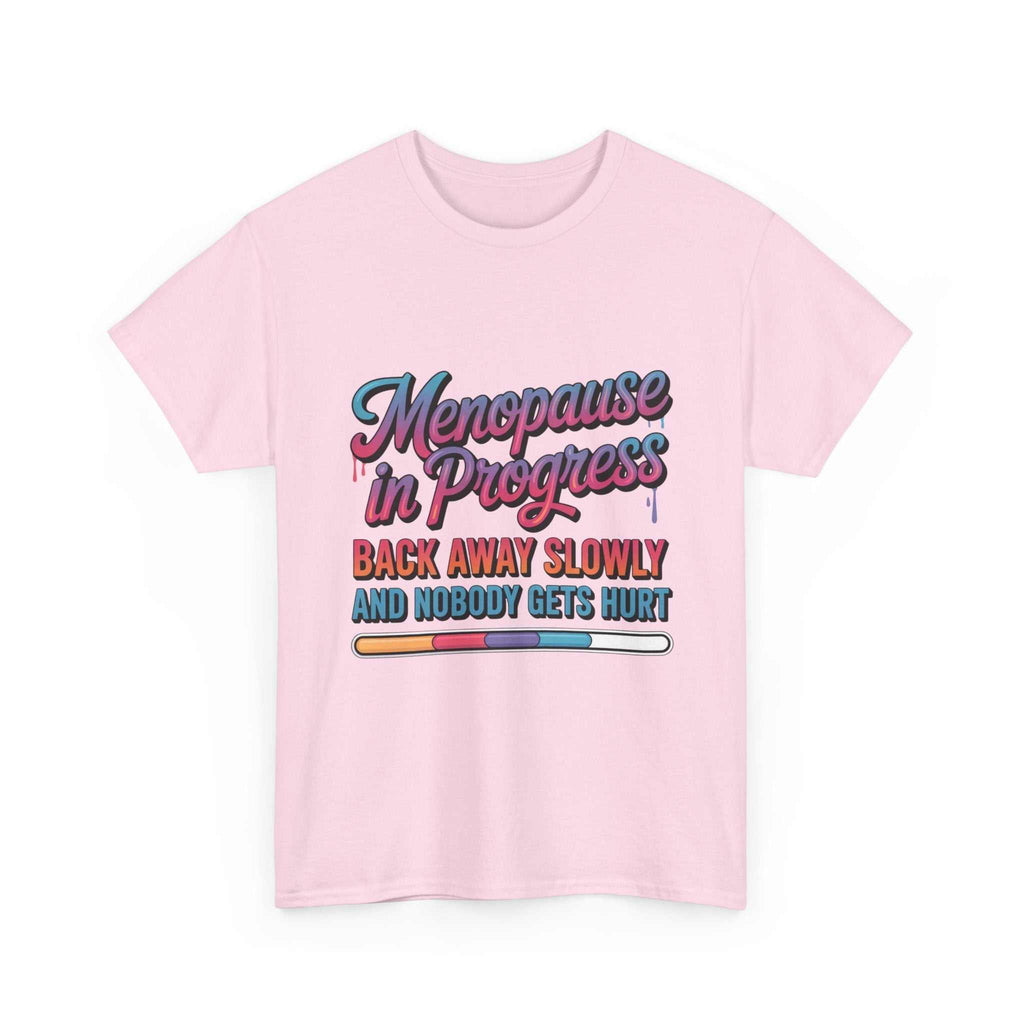 Women wearing a Menopause In Progress T-Shirt with "Warning: Hot flashes loading" text and flame icon