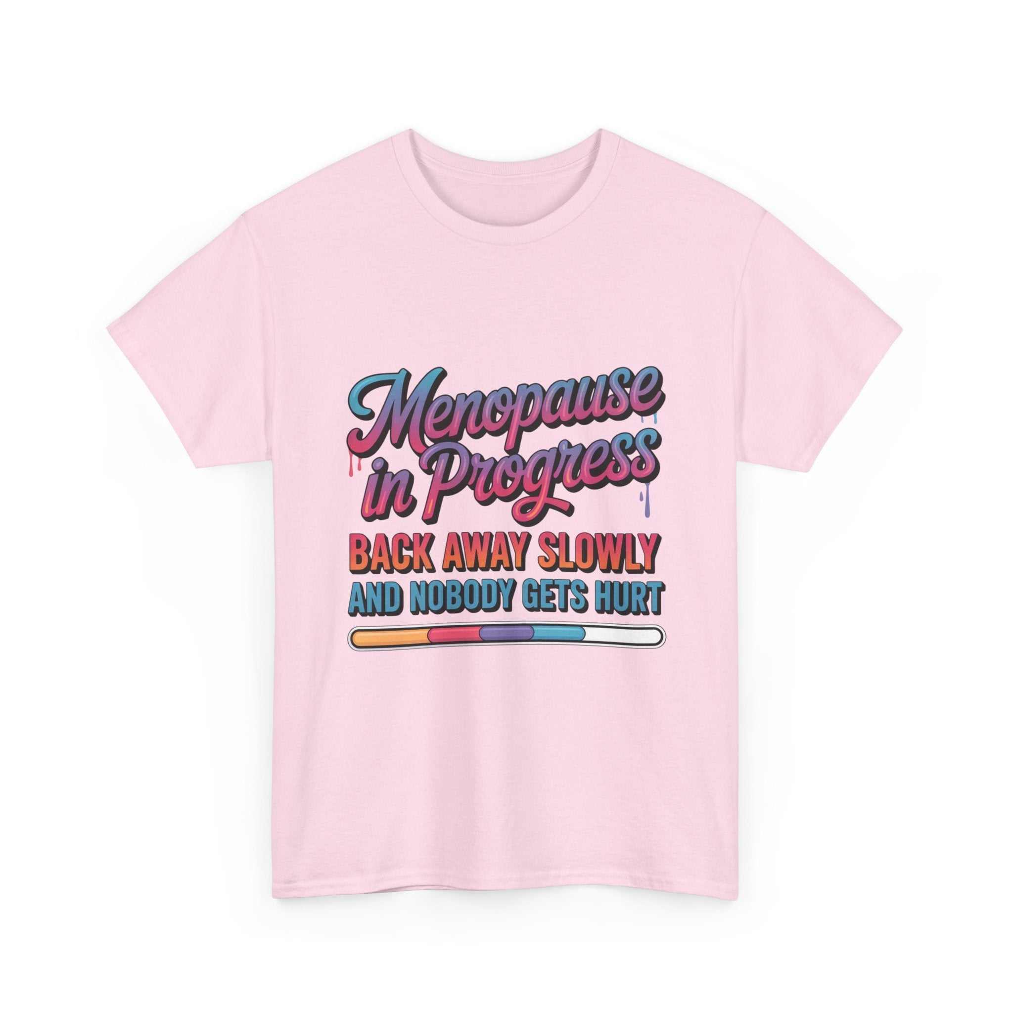 Women wearing a Menopause In Progress T-Shirt with "Warning: Hot flashes loading" text and flame icon