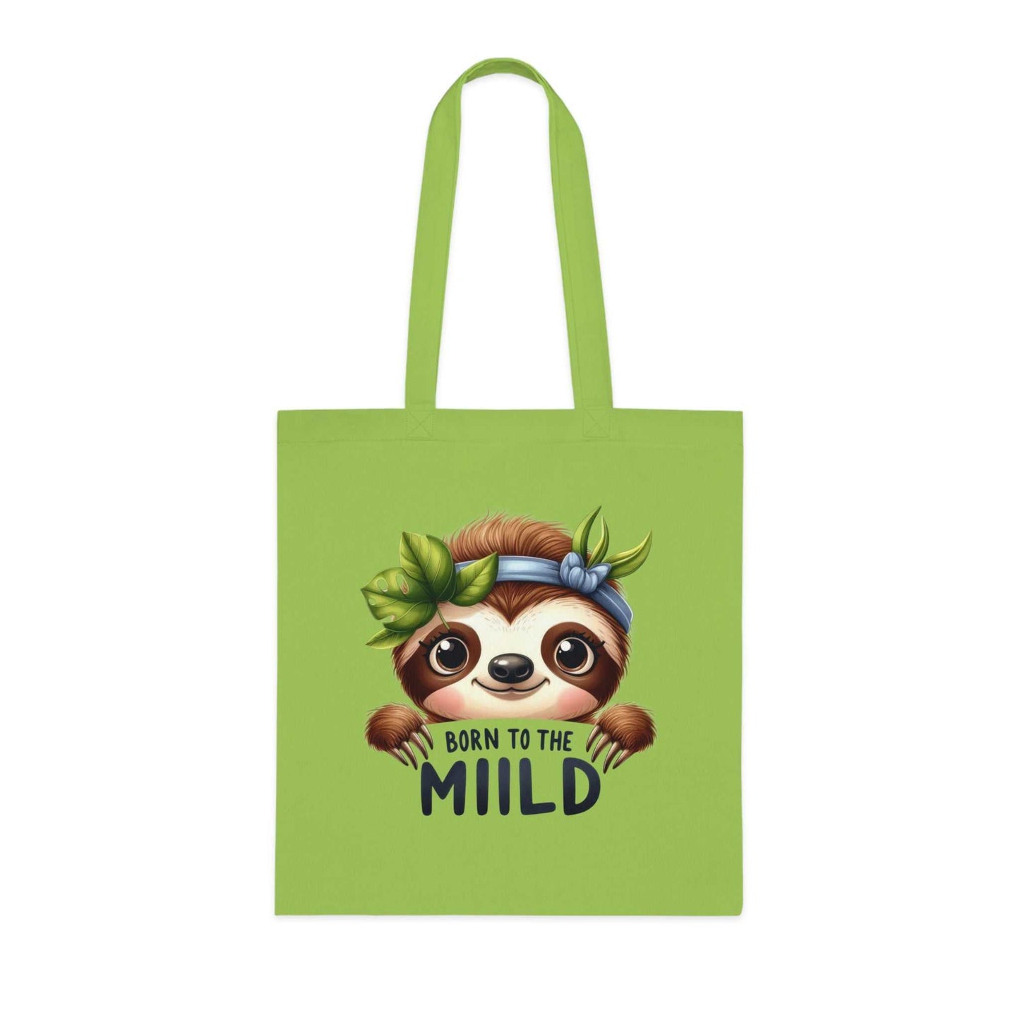 Cute sloth design cotton tote bag, green, ideal for sloth lovers, 100% cotton, durable, available in 6 colors.