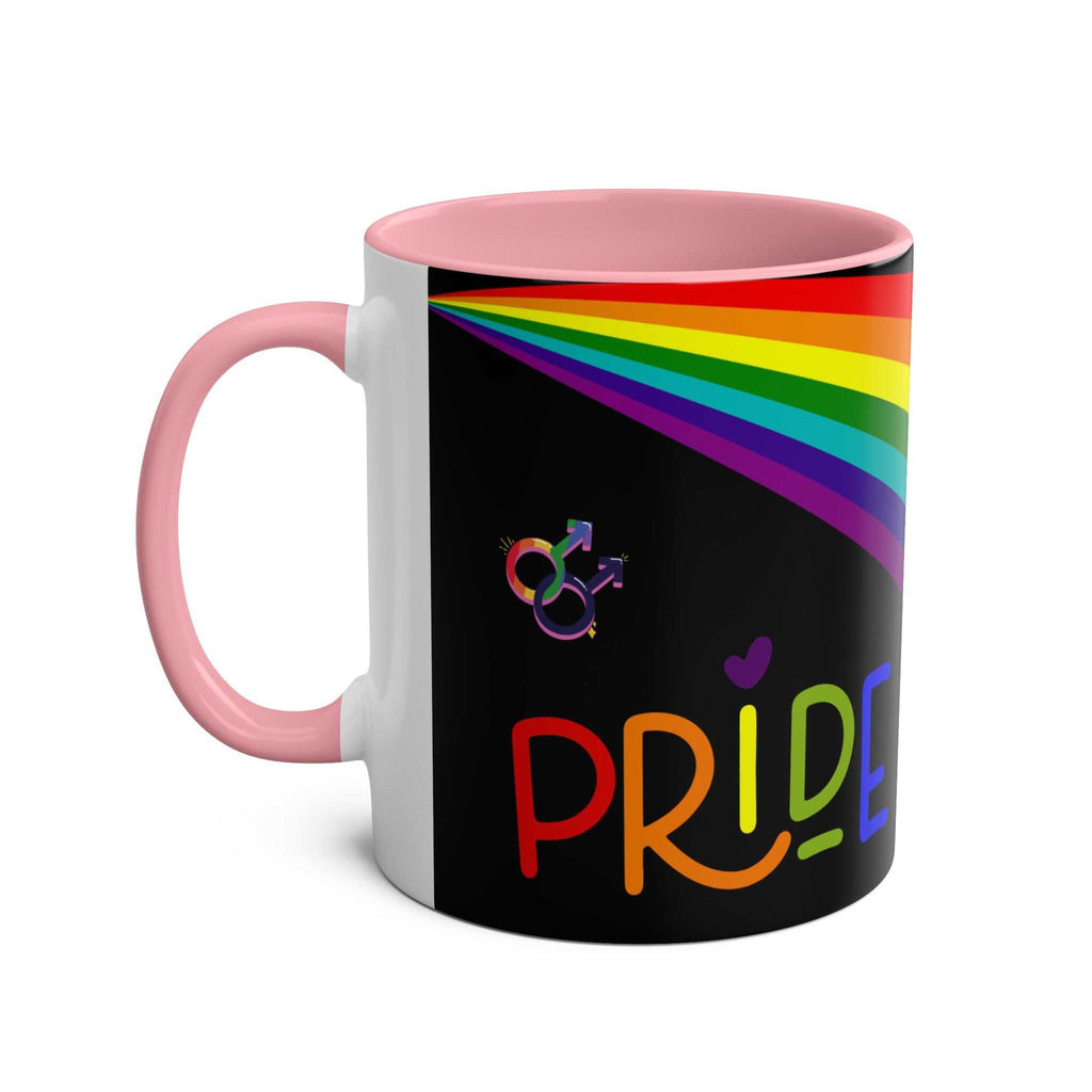 LGBTQ+ Pride Mug with rainbow design and pink handle.