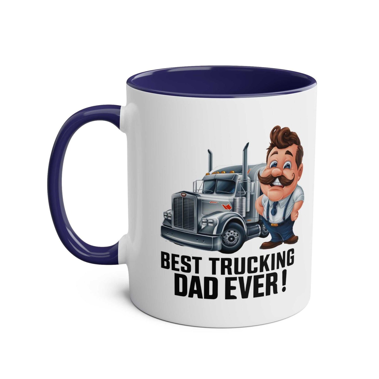 Best Trucking Dad Ever mug with cartoon truck and dad design, perfect Father's Day gift.