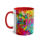 LGBTQ+ Pride Mug with vibrant rainbow design and "Joy Love Bliss" text.
