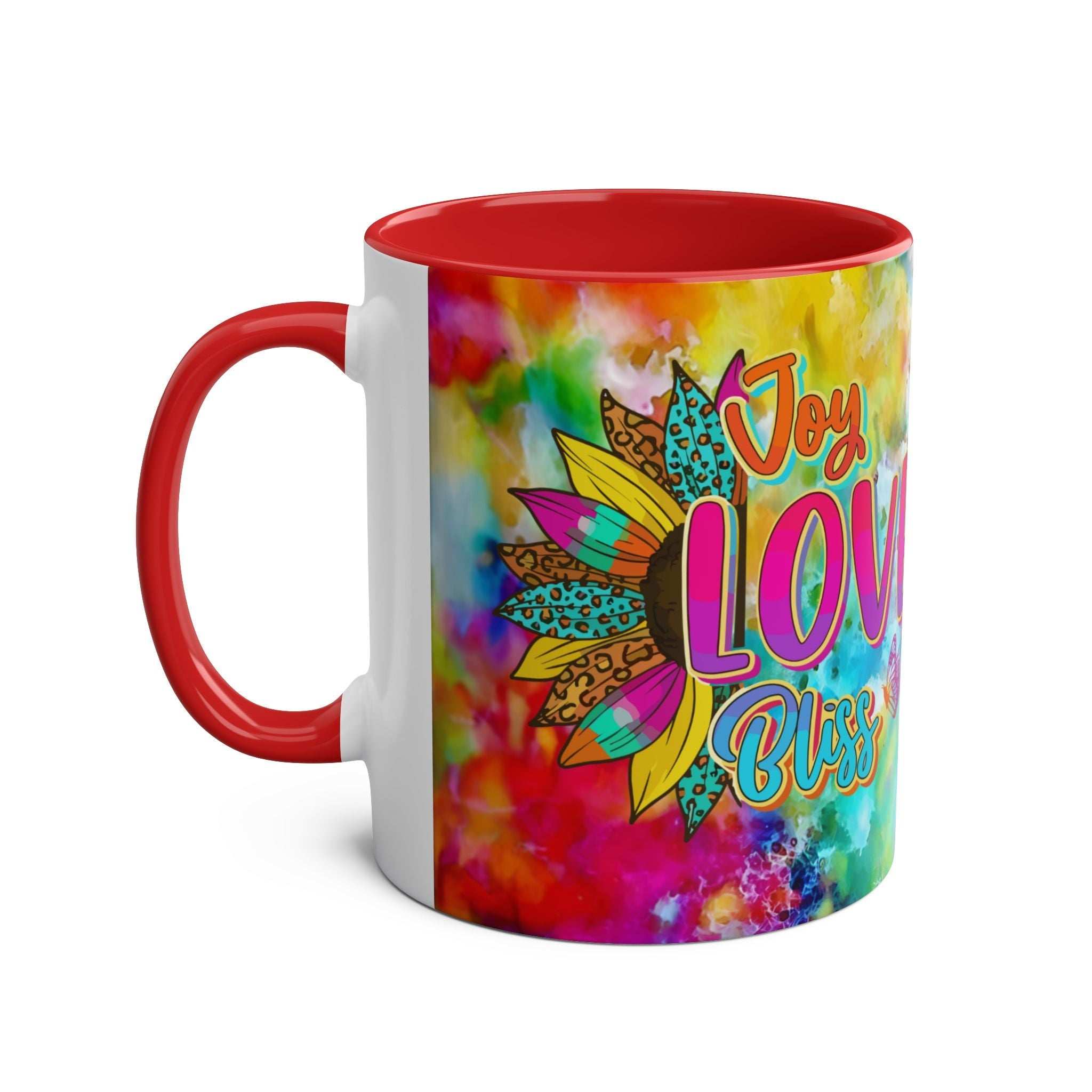 LGBTQ+ Pride Mug with vibrant rainbow design and "Joy Love Bliss" text.