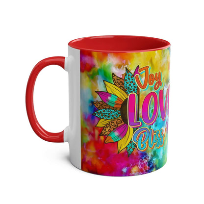 LGBTQ+ Pride Mug with vibrant rainbow design and "Joy Love Bliss" text.