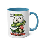 Family Coffee Mug with quirky crocodile design, available in 7 colors, glossy 11oz ceramic, microwave and dishwasher safe.